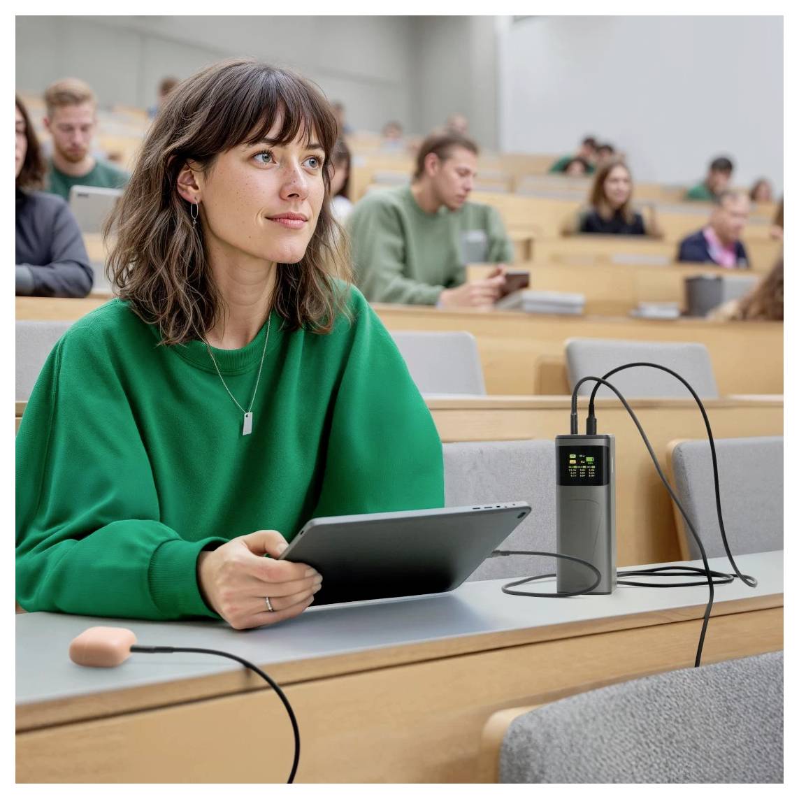 Ein Student in einem grünen Pullover sitzt in einem Hörsaal, hält ein Tablet und ist neben einem Multiladegerät, umgeben von anderen mit Laptops.