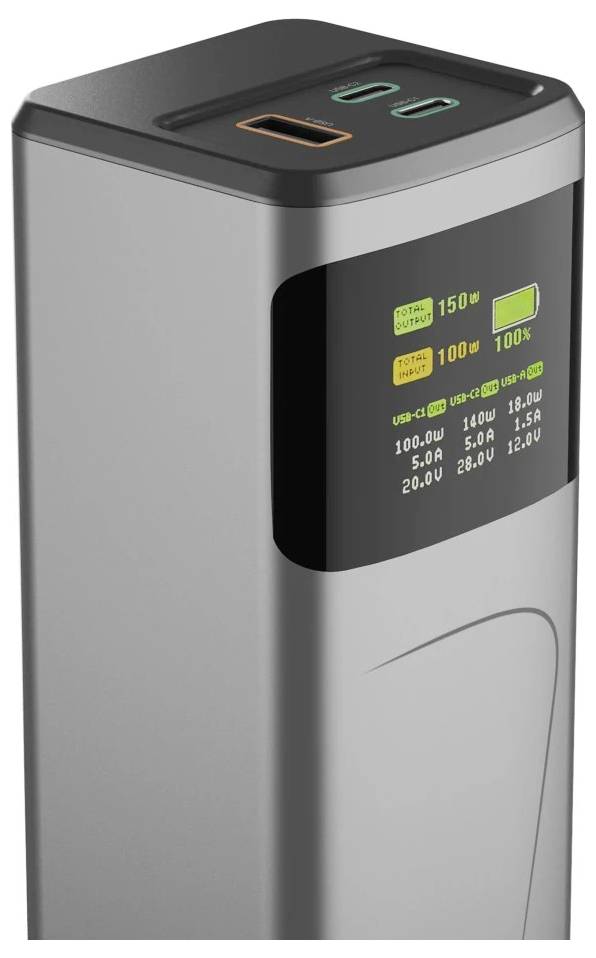 Eine elegante, vertikale Powerstation mit einer digitalen Anzeige, die den Batteriezustand zeigt, und zwei USB-Ports auf der Oberseite.