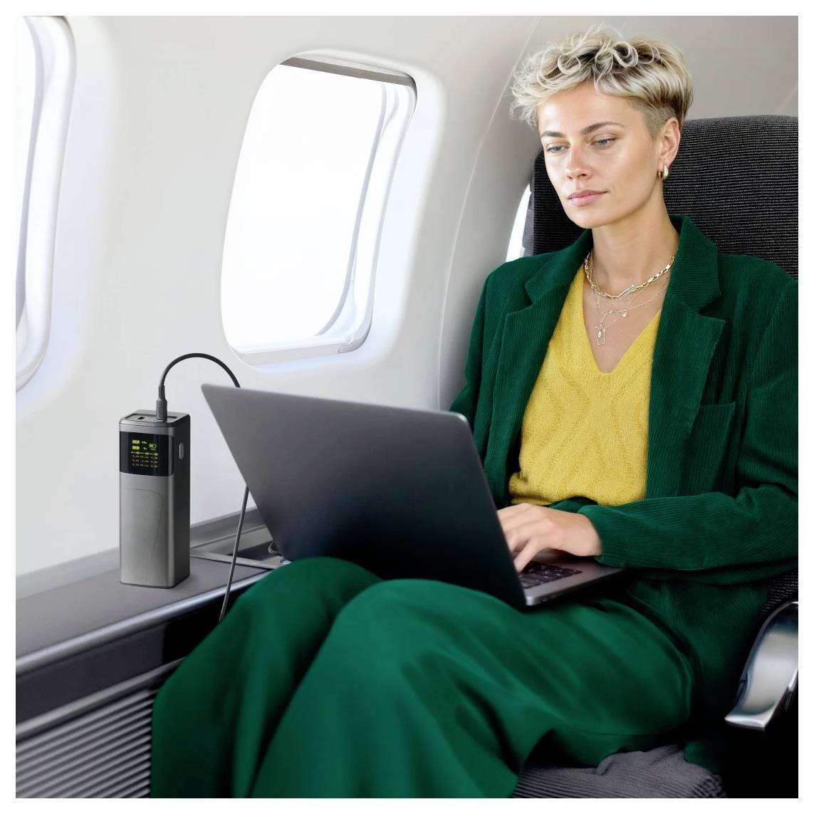Eine Person in einem grünen Anzug arbeitet an einem Laptop im Flugzeug. Eine tragbare Powerbank ist mit ihrem Laptop verbunden und deutet auf mobiles Arbeiten hin.