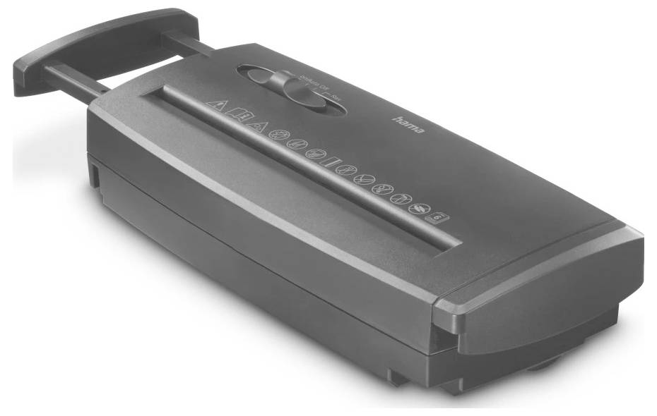 Ein kompakter Desktop-Aktenvernichter mit manueller Kurbel, ausgestattet mit Symbolen für verschiedene Dokumentengrößen.