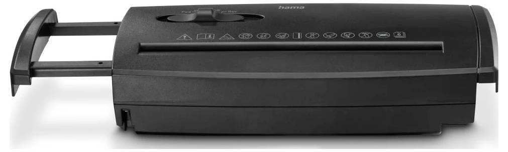 Ein schwarzer Dokumentenvernichter mit offenem Papierzuführschacht, Bedienfeld auf der Oberseite und Sicherheitssymbolen, die Hinweise zur korrekten Verwendung anzeigen.