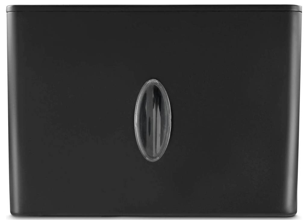 Ein schwarzer rechteckiger Tuch- oder Papierhandtuchspender mit einem ovalen transparenten Fenster in der Mitte.