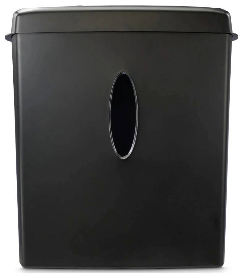 Ein schwarzer Aktenvernichter mit einem ovalen Sichtfenster an der Vorderseite.