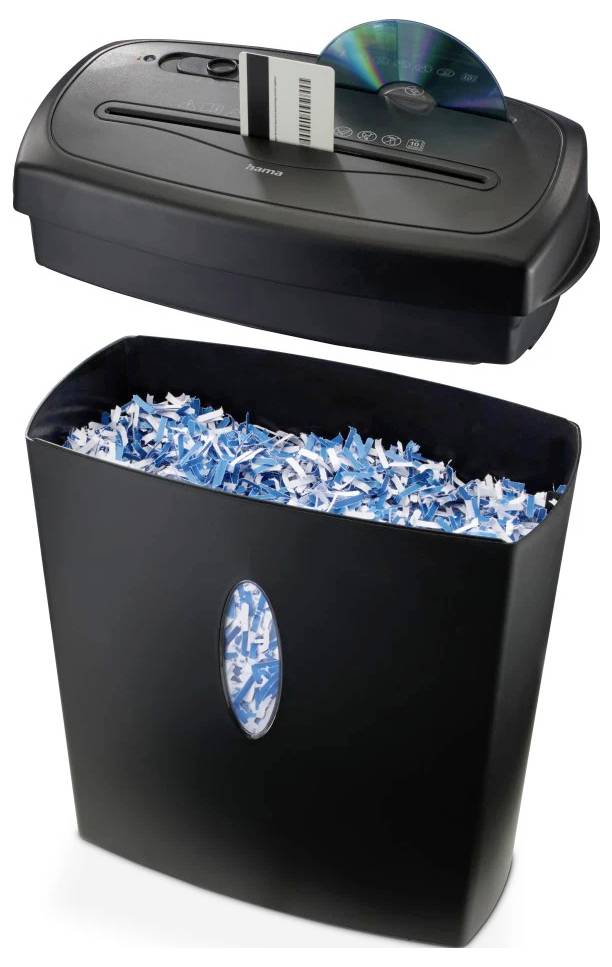 Ein schwarzer Aktenvernichter mit einem Schlitz für CDs und Kreditkarten, der Papier in einen Behälter mit blauen und weißen Streifen zerkleinert.