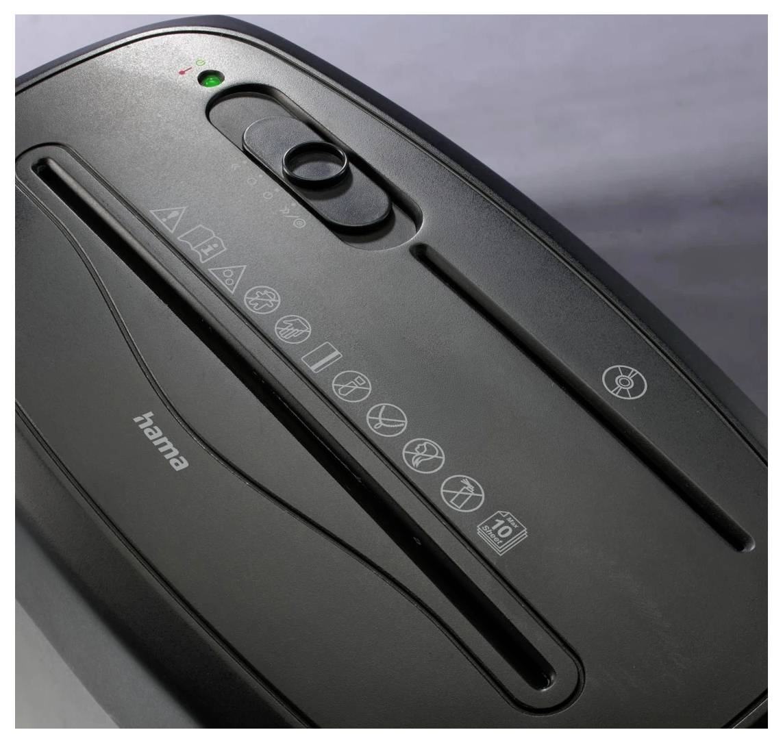 Schwarzer Aktenvernichter mit Bedienungselement am Deckel und Warnhinweissymbolen, die Nutzungsbeschränkungen anzeigen.