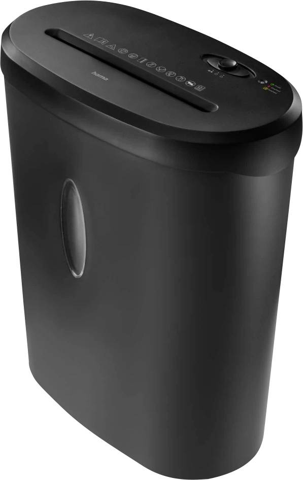 Schwarzer Aktenvernichter mit geneigter Oberseite, auf der Bedienelemente und Symbole für verschiedene Materialien, die geschreddert werden können, zu sehen sind.