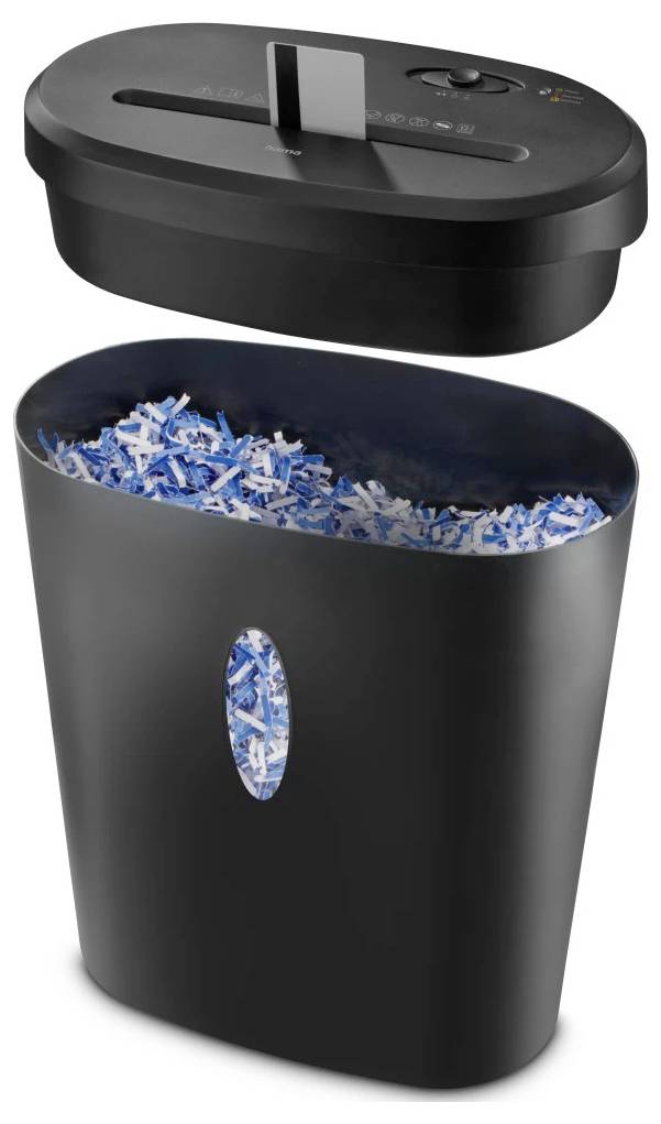 Ein schwarzer Aktenvernichter mit offener Abdeckung, in dem zerrissene blaue und weiße Papierstücke zu sehen sind.