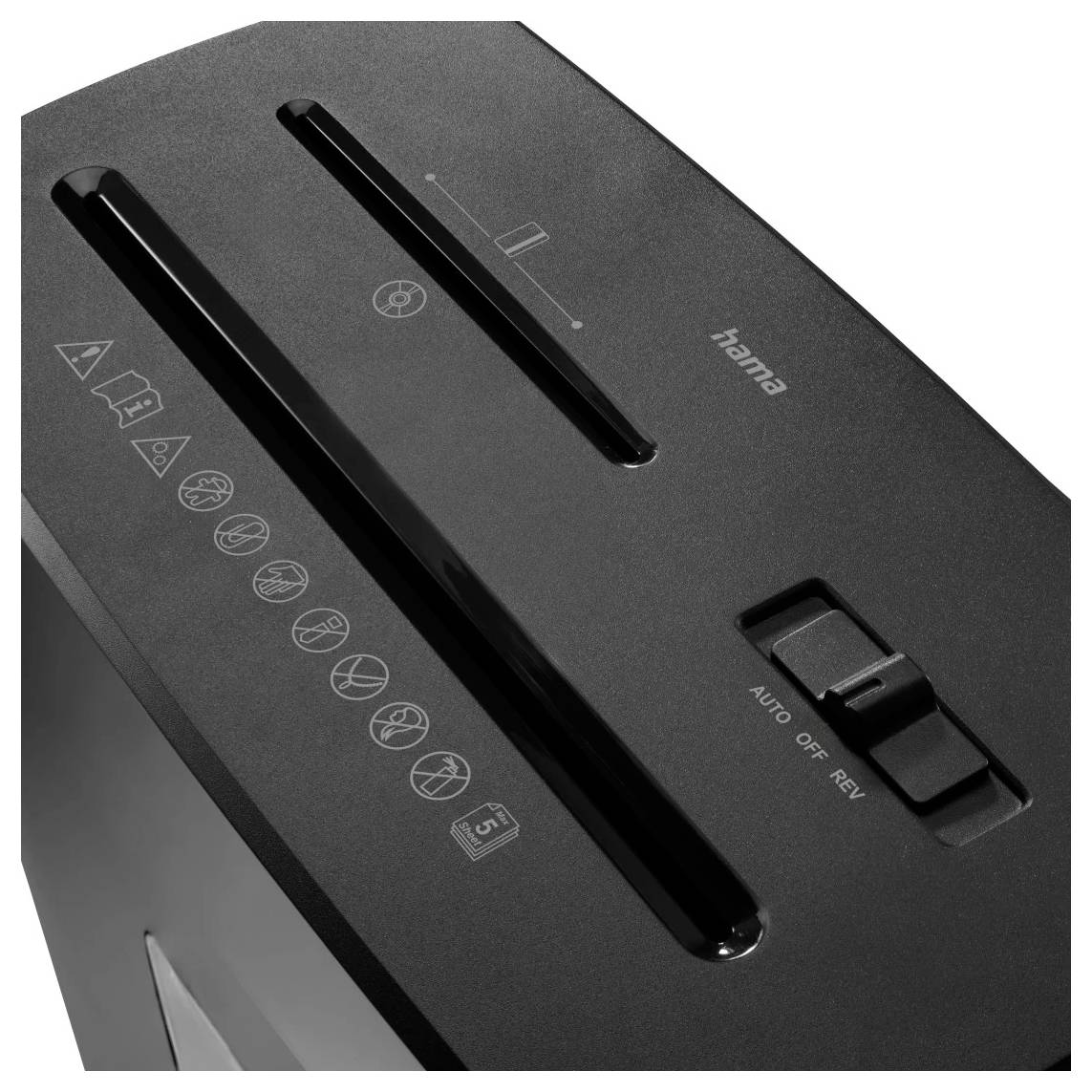 Ein schwarzer Dokumentenvernichter aus der Draufsicht mit zwei Schlitzen, Sicherheitssymbolen und einem Schalter mit den Einstellungen 