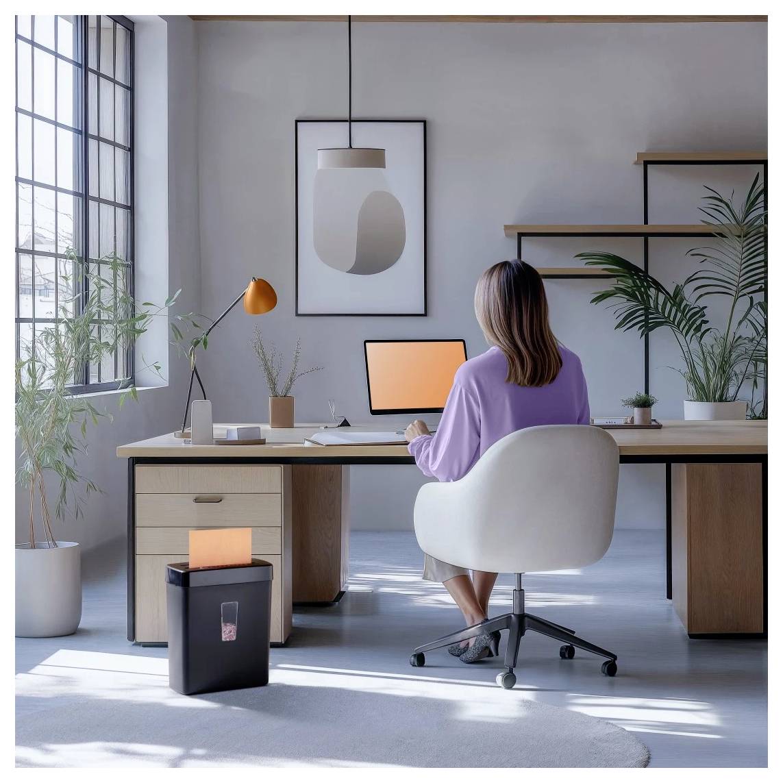 Eine Frau sitzt an einem Schreibtisch in einem modernen Büro mit einem Computer. Ein Aktenvernichter ist in der Nähe aktiv, und Pflanzen dekorieren den Raum. Natürliches Licht fällt durch große Fenster herein.