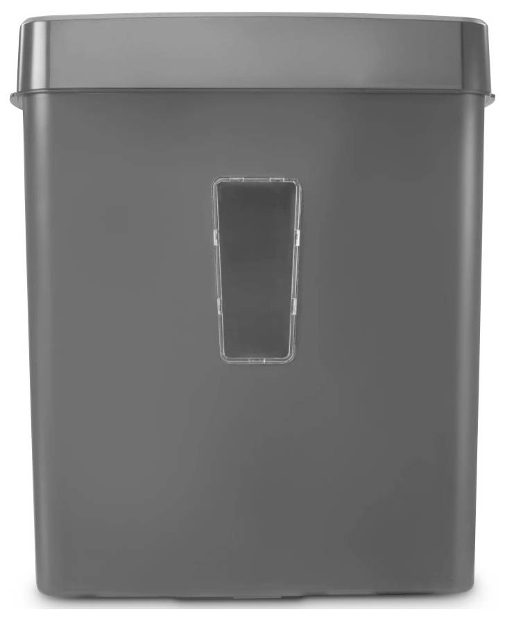 Grauer rechteckiger Mülleimer mit einem durchsichtigen vertikalen Fenster an der Vorderseite.