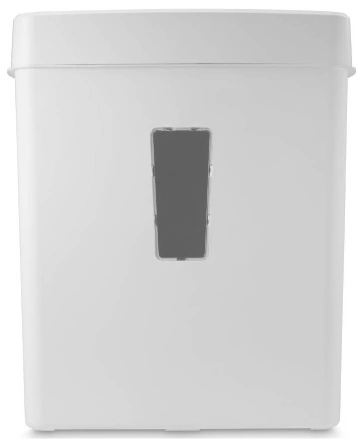 Eine weiße Plastik-Mülltonne mit einem dunklen rechteckigen Fenster an der Vorderseite, das den Füllstand anzeigt, vor einem einfarbigen Hintergrund.