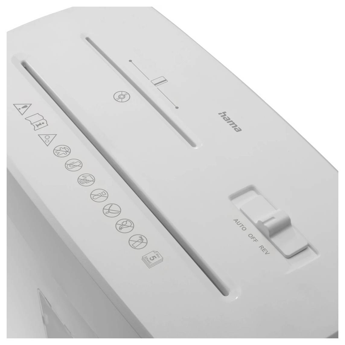 Weißer Papierschredder mit Bedienfeld, das Symbole für verschiedene Funktionen und Modi zeigt, einschließlich Auto, Aus und Rückwärts.