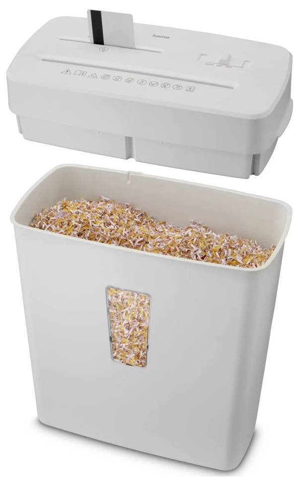 Weißer Papierschredder mit Papiereinwurf oben; Behälter unten gefüllt mit zerrissenen Papieren, teilweise sichtbar durch ein seitliches Fenster.