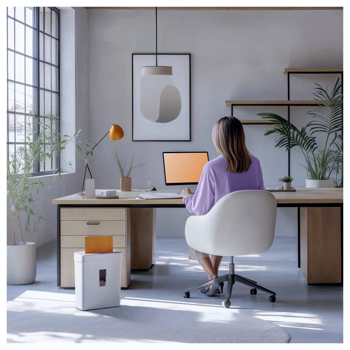 Eine Person in einem lavendelfarbenen Pullover sitzt an einem Schreibtisch mit einem Computerbildschirm in einem hell beleuchteten, modernen Büro mit Pflanzen und großen Fenstern.
