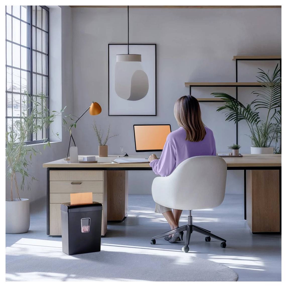 Eine Frau sitzt an einem Schreibtisch in einem Heimbüro und blickt auf einen Desktop-Computer mit einem orangen Bildschirm. Große Fenster lassen natürliches Licht herein.