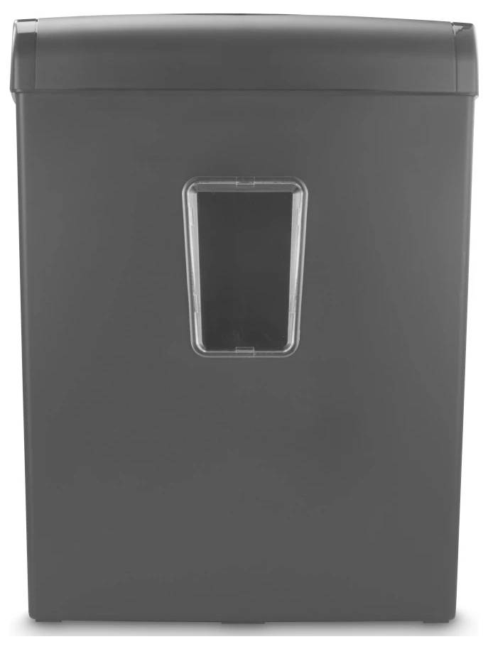 Ein grauer Aktenvernichter mit einem Frontfenster, das zerrissenes Papier im Inneren sichtbar macht und anzeigt, dass das Gerät aktiv und in Gebrauch ist.