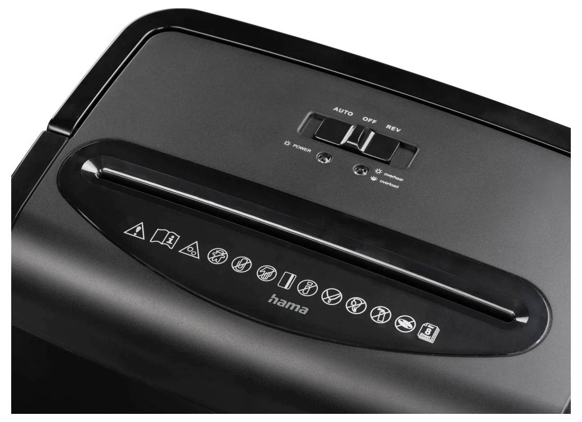 Ein schwarzer Aktenvernichter mit einem transparenten Fenster, das zerrissene orange und weiße Papiere offenbart und so seine Funktionalität für die Dokumentenentsorgung hervorhebt.