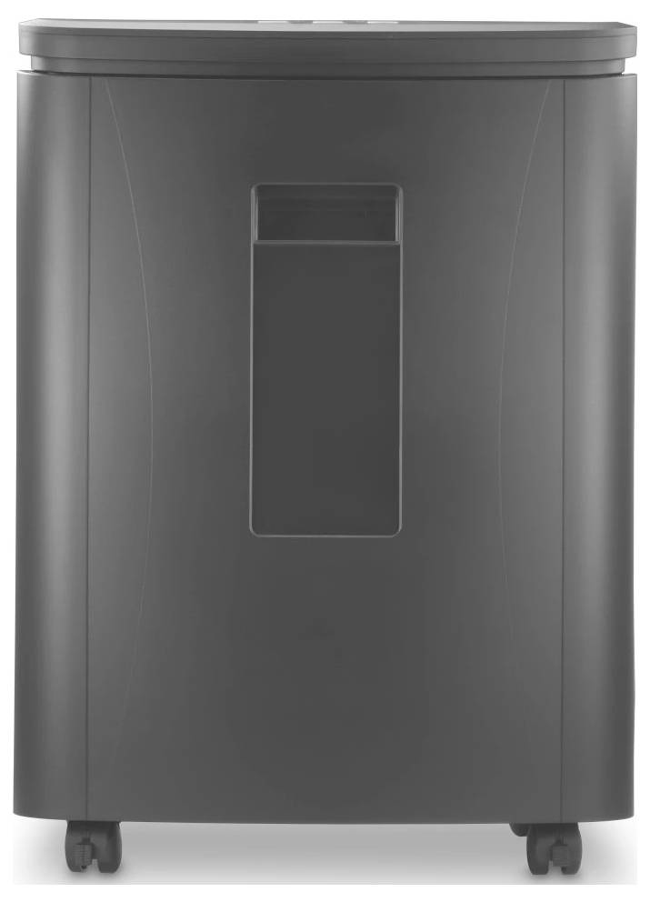 Ein schwarzer Aktenvernichter mit einem rechteckigen Frontpanel und vier Rollen an der Unterseite.