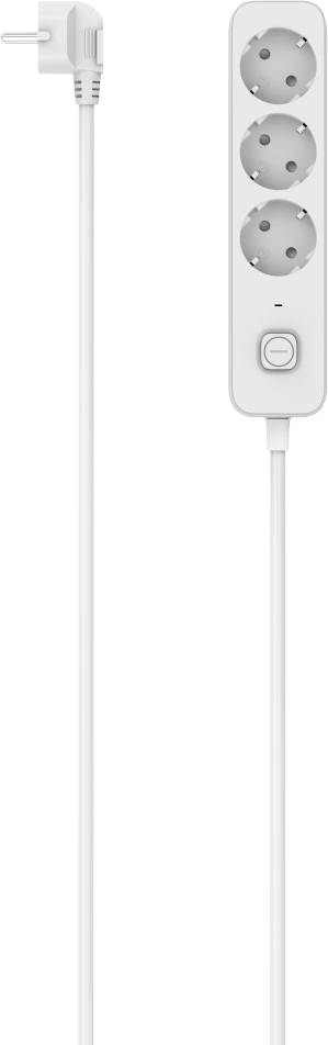 Eine weiße Steckdosenleiste mit drei europäischen Steckdosen und einem Netzschalter. Sie ist mit einem weißen Netzkabel mit Stecker verbunden.