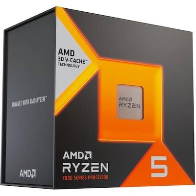 AMD Ryzen 5 7000 Series Prozessor-Verpackung mit 3D V-Cache Technologie. Verfügt über ein Orange-Schwarz-Design mit Produkthighlights.