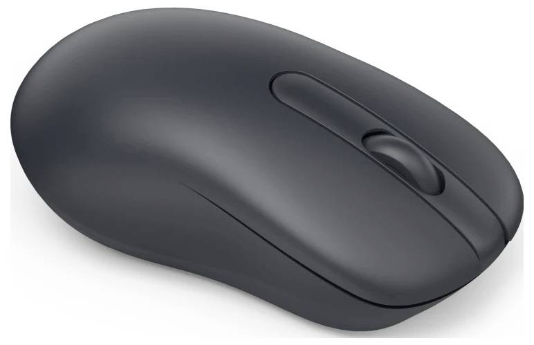 Eine schlanke schwarze kabellose Computermaus mit Scrollrad wird vor einem weißen Hintergrund gezeigt.