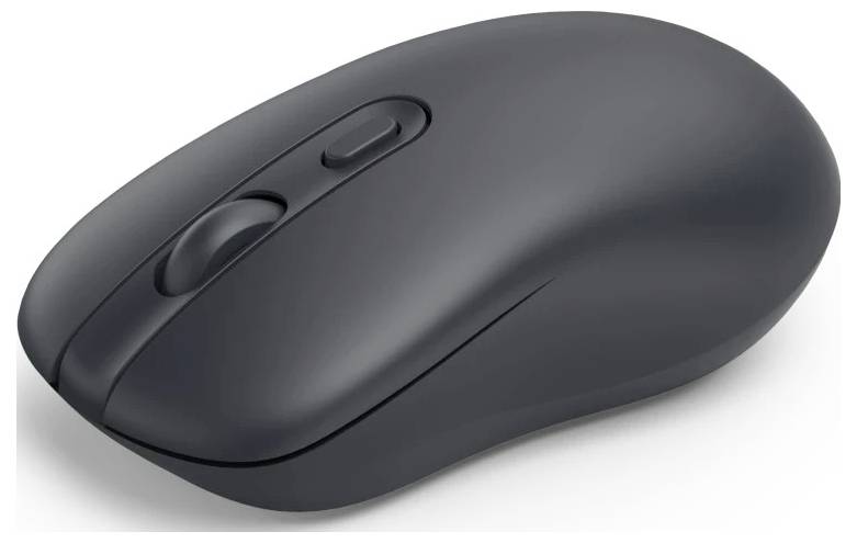 Eine schlanke, schwarze kabellose Computermaus mit Scrollrad und Tasten.