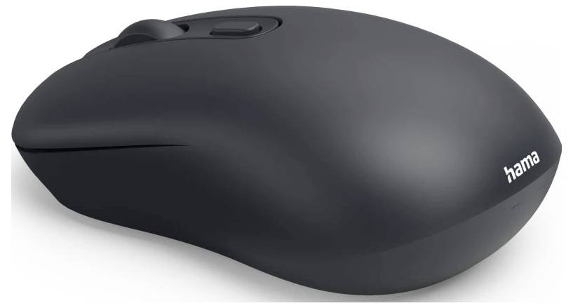 Eine schwarze kabellose Computermaus mit glatter Oberfläche und einem Scrollrad, auf der Seite mit der Marke 'Hama' versehen.