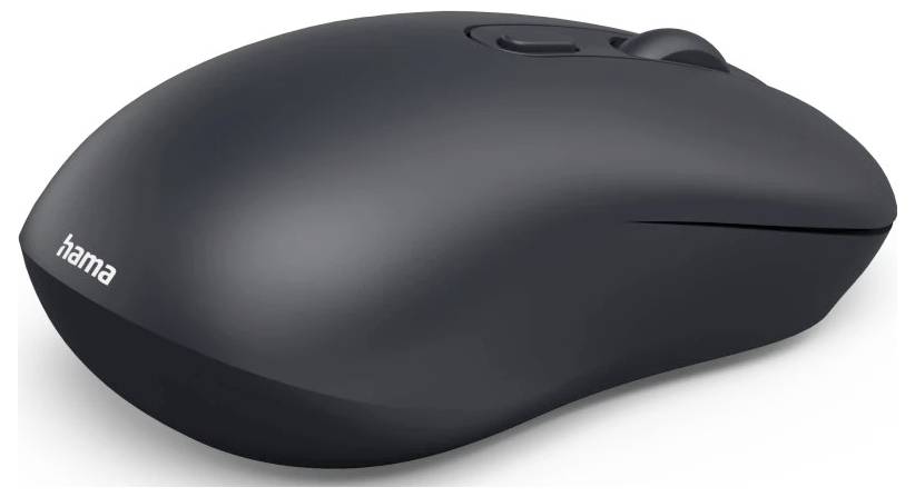 Eine elegante, schwarze kabellose Computermaus mit zwei Tasten und einem Scrollrad, mit der Markenbezeichnung 'hama', aus einem Seitenwinkel fotografiert.