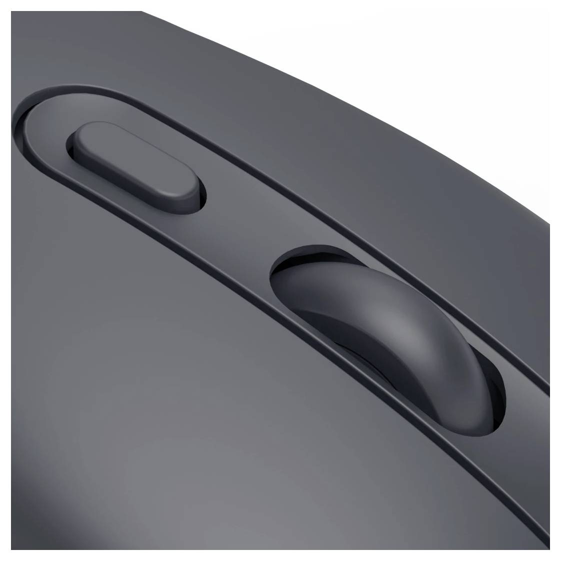 Nahaufnahme einer schwarzen Computermaus mit Scrollrad und einer Taste.