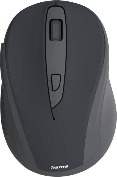 Eine schwarze kabellose Computermaus mit Scrollrad, zwei Tasten und ergonomischem Design, am Boden mit dem Schriftzug 'hama' gebrandmarkt.