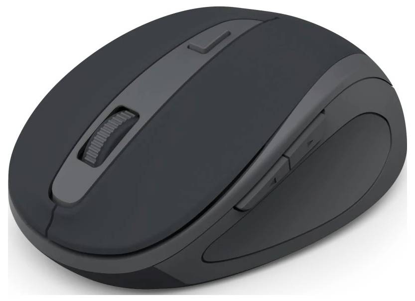 Eine schwarze kabellose Computermaus mit Scrollrad und zwei seitlichen Tasten, die für ergonomische Nutzung entwickelt wurde.