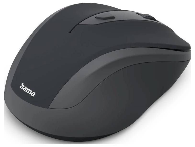 Eine schwarze kabellose Computermaus mit elegantem Design, ausgestattet mit einem Scrollrad und dem 'hama' Logo nahe der vorderen unteren linken Seite.