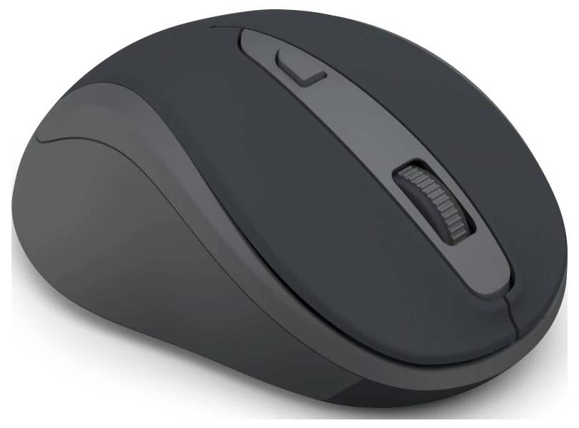 Eine schwarze kabellose Computermaus mit Scrollrad und seitlichen Tasten, die für ergonomischen Gebrauch entwickelt wurde.