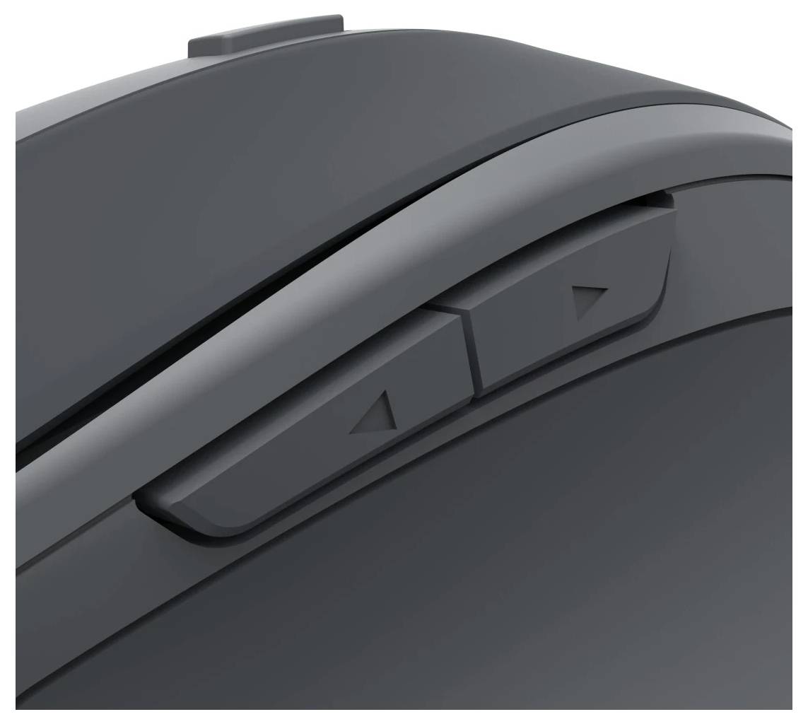 Nahaufnahme eines schwarzen Computermäuschens mit zwei seitlichen Tasten für die Navigation nach vor und zurück.