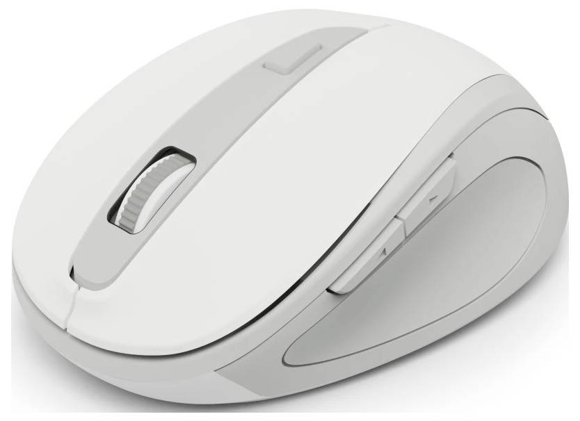 Eine weiße kabellose Computer-Maus mit Scrollrad und seitlichen Tasten, für rechtshändige Benutzer entwickelt.