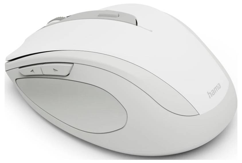 Eine weiße drahtlose Computermaus mit Scrollrad und programmierbaren Tasten, die für ergonomisches Design und Komfort entwickelt wurde.
