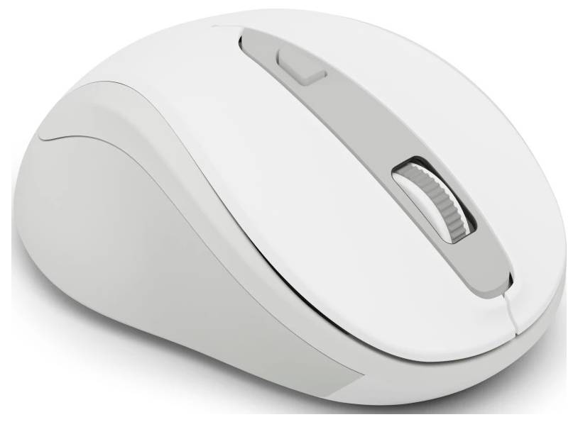 Eine weiße Computer-Maus mit Scrollrad und seitlicher Taste, aus einem schrägen Blickwinkel betrachtet.