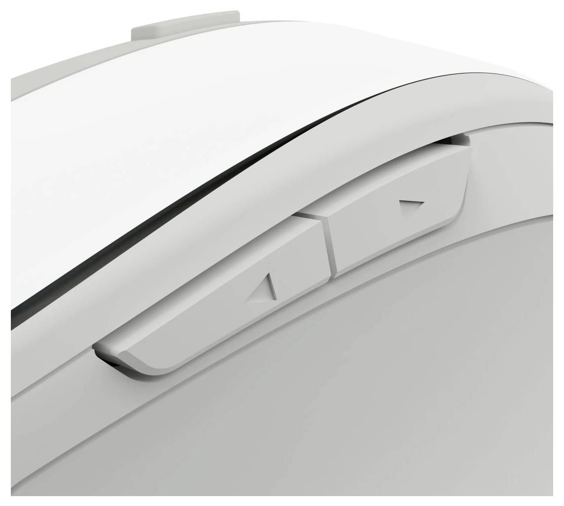 Eine weiße Computermaus mit Vor- und Zurück-Navigationsknöpfen an der Seite, die für ergonomische Nutzung entwickelt wurde.