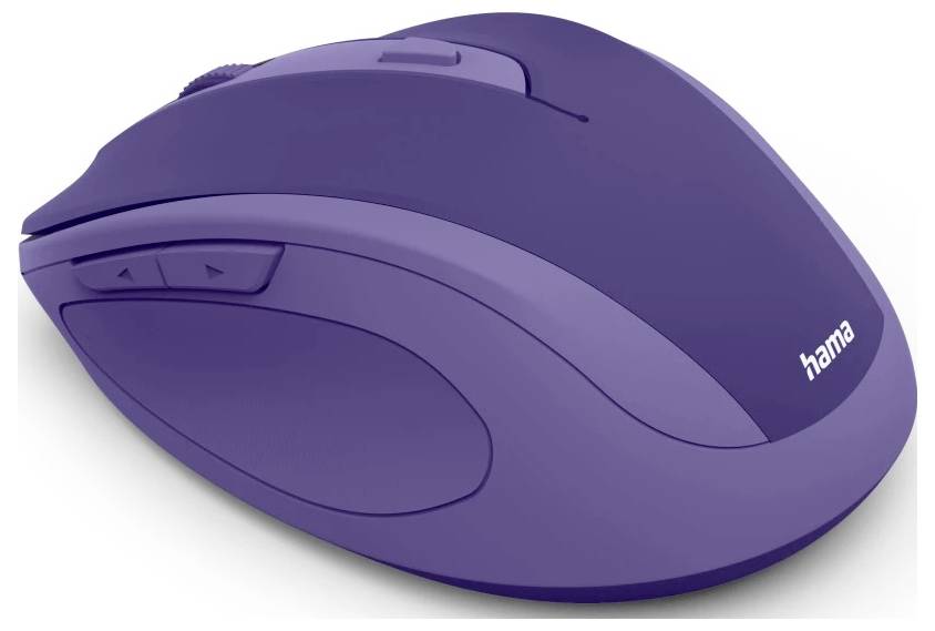 Eine lila kabellose Computermaus mit 'hama' Branding, ausgestattet mit Seitentasten und einem Scrollrad.