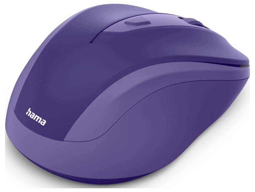 Eine lila kabellose Computermaus mit Scrollrad, auf deren Seite der Markenname 'hama' zu sehen ist.