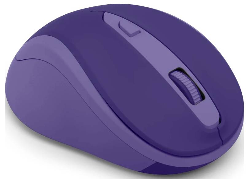 Eine lila drahtlose Computermaus mit Scrollrad, die für ergonomische Handunterstützung entwickelt wurde.