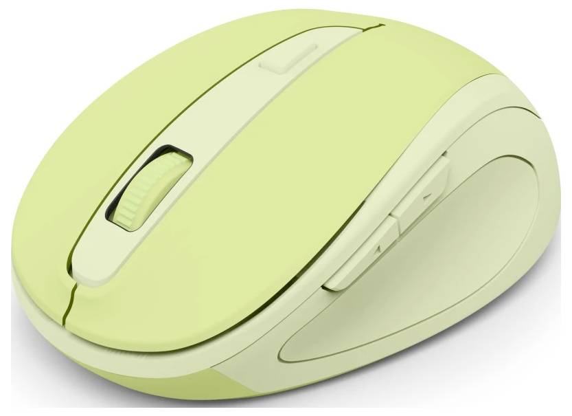 Eine hellgrüne kabellose Computermaus mit Seitentasten und Scrollrad, die für ergonomische Nutzung entwickelt wurde.