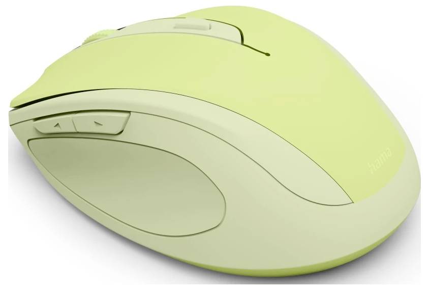 Eine grüne kabellose Computermaus mit Scrollrad und seitlichen Tasten.