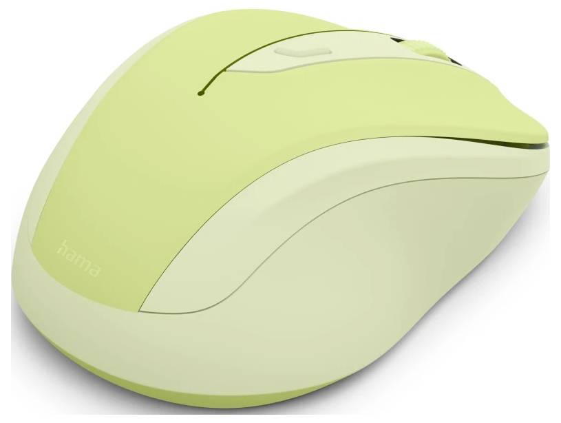 Eine hellgrüne kabellose Computermaus mit zwei Tasten und einem Scrollrad.