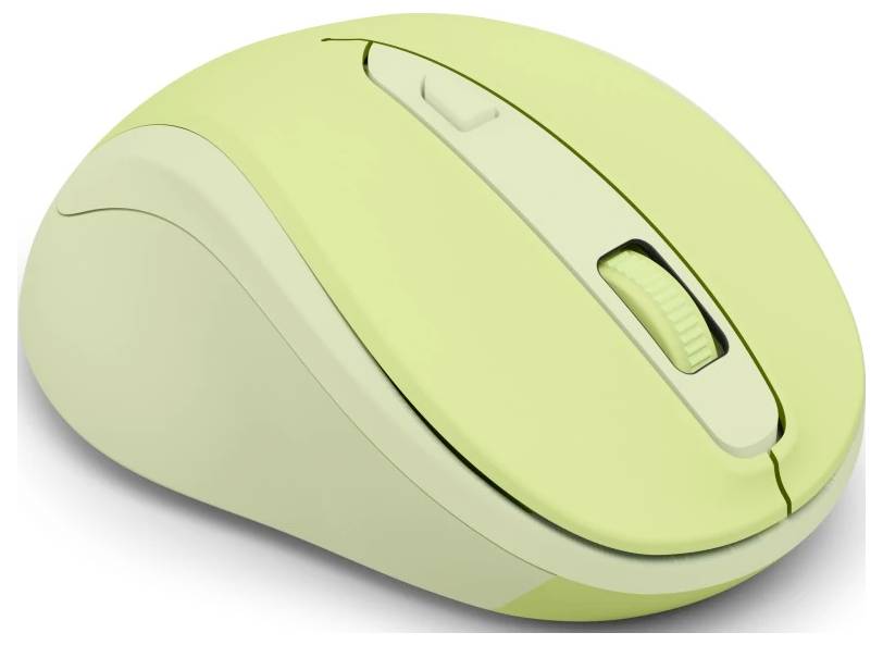 Eine schlanke, kabellose Computermaus mit einem hellgrünen Gehäuse und Scrollrad, entwickelt für ergonomischen Komfort und einfache Bedienung.