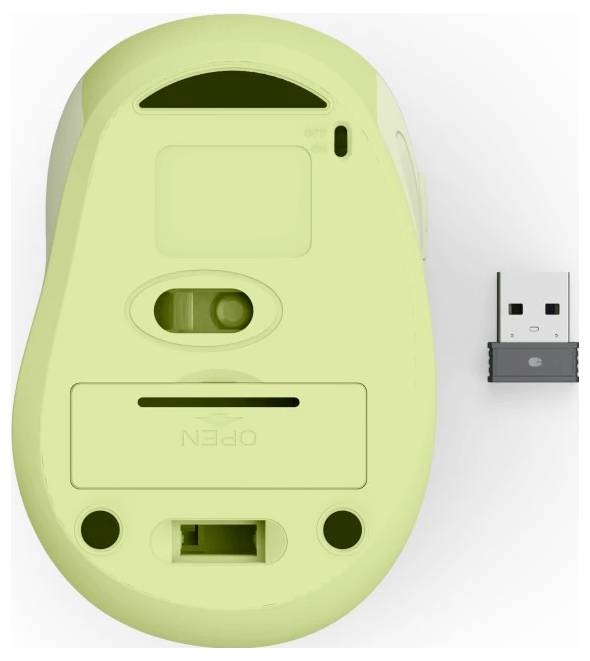 Eine gelbe Computermaus mit sichtbarem Batteriefach und USB-Empfänger daneben.