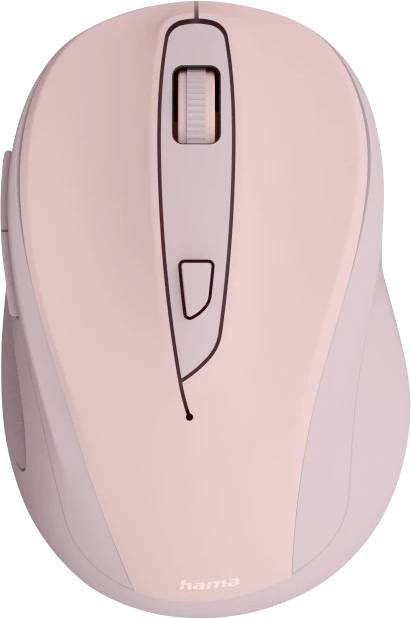 Eine pink farbene kabellose Computer-Maus mit einem Scrollrad und seitlichen Tasten, auf deren Unterseite die Marke 'hama' angebracht ist.