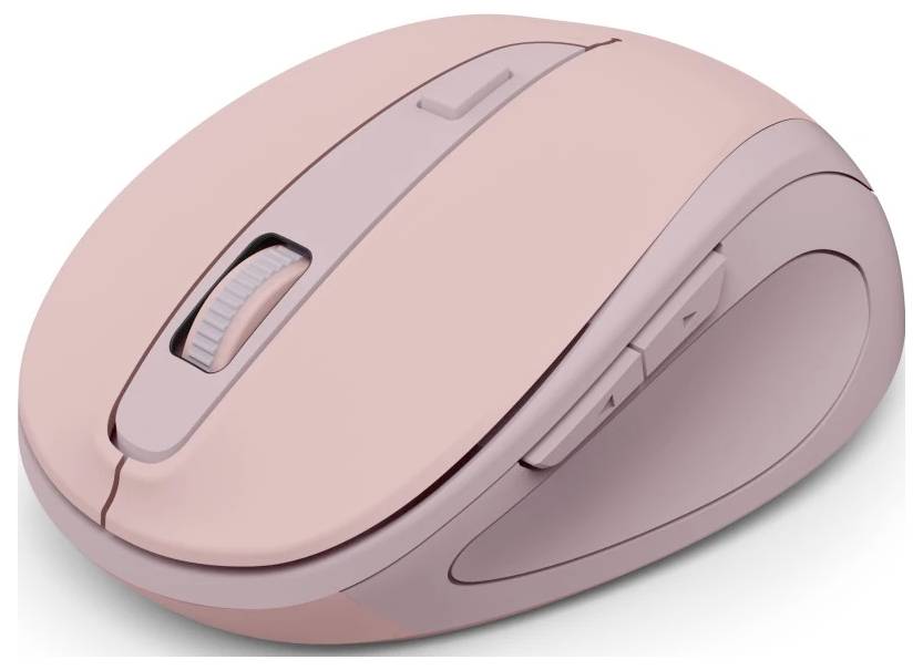 Eine rosa kabellose Computermaus mit Seitentasten und einem Scrollrad, entwickelt für ergonomischen Einsatz.