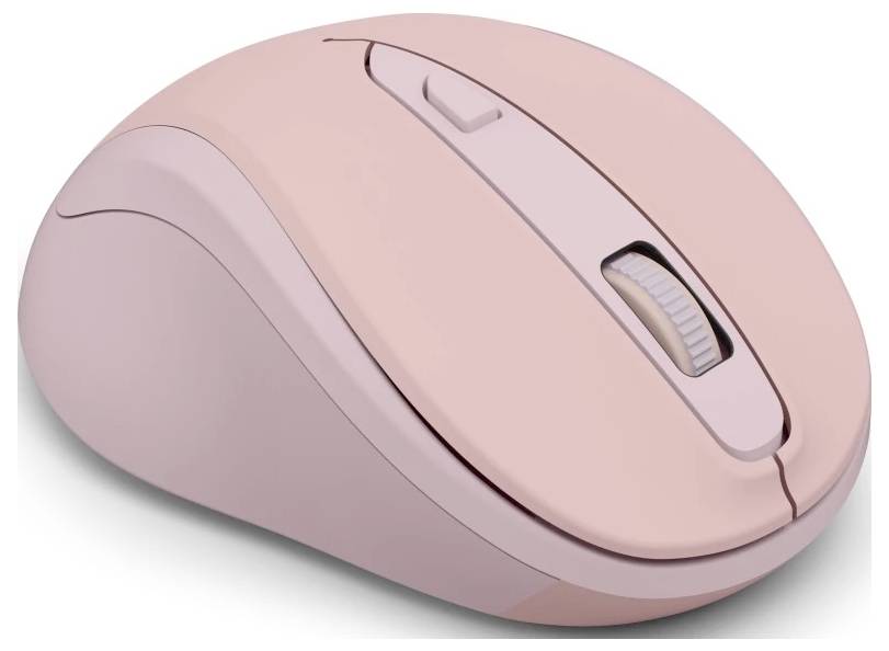Eine rosa kabellose Computermaus mit Tasten und einem Scrollrad, die für ergonomische Nutzung entwickelt wurde.