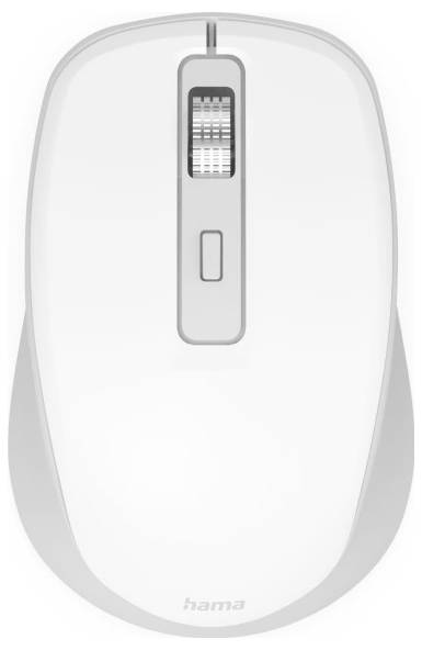 Eine weiße kabellose Computermaus mit einem Scrollrad und einer zentralen Taste auf der Oberseite.